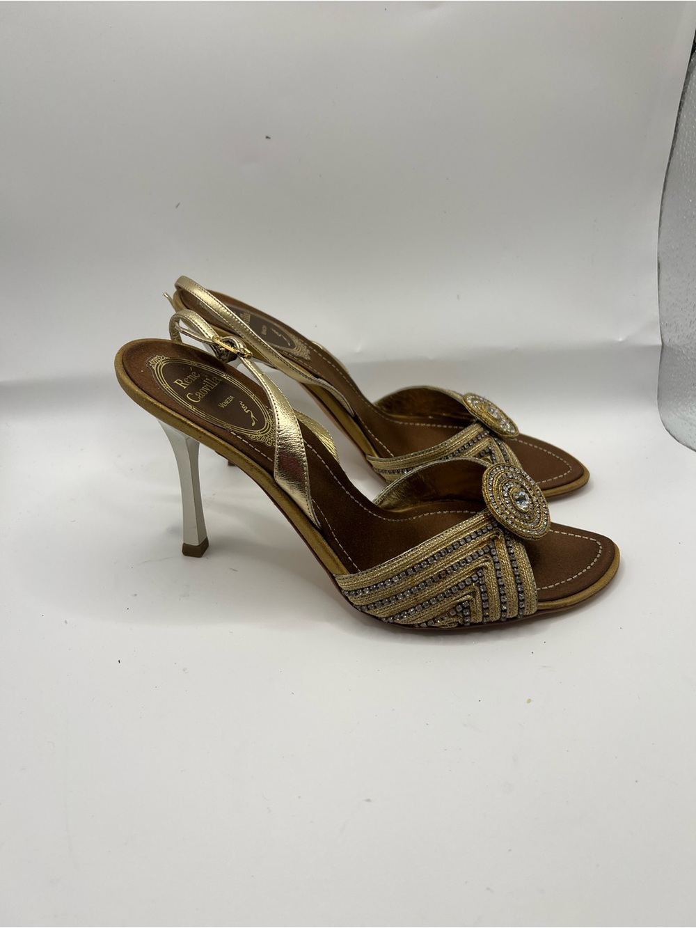 Rene Caovilla Gold Crystal Medallion Slingback Heels - Picture 6 of 15
